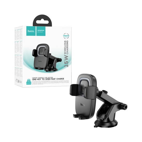 Suporte de Telefone para Carro Console Central Hoco HW32 Crown Push-Type com Carregamento sem fio 15W Cinza Metalizado Preto